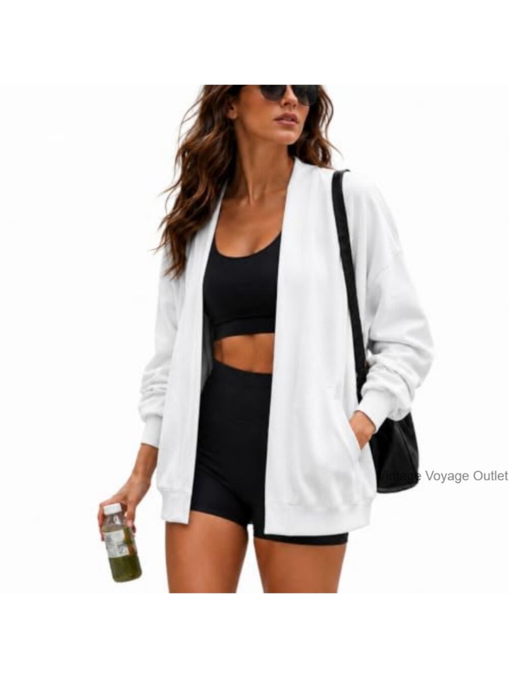 Oversized Cotton Sweatshirt Cardigan Open Front Loose Fit Pocket Women's